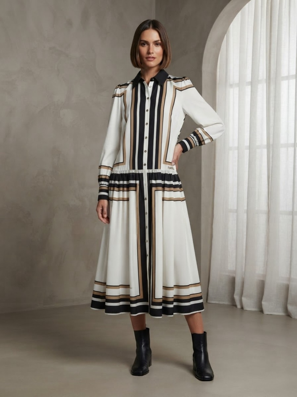 Karl Lagerfeld White Midi Shirt Dress with Black and Tan Stripes